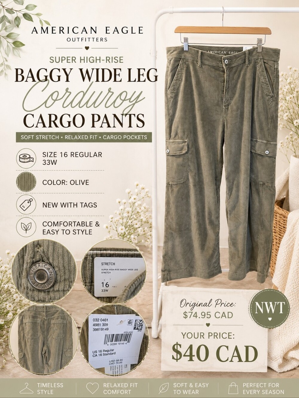 Size 16 American Eagle Super High-Rise Baggy Wide Leg Corduroy Cargo Pants – NWT